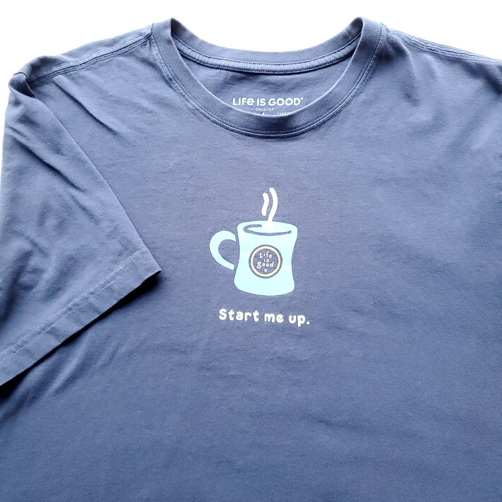 Life Is Good Crusher Tee Mens L Blue Short Sleeve T Shirt Coffee Cup Start Me Up